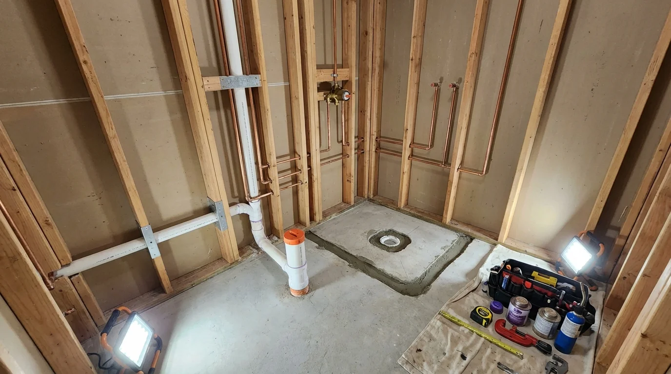 Bathroom rough-in plumbing during remodel by Johns Plumbing LLC in Loves Park