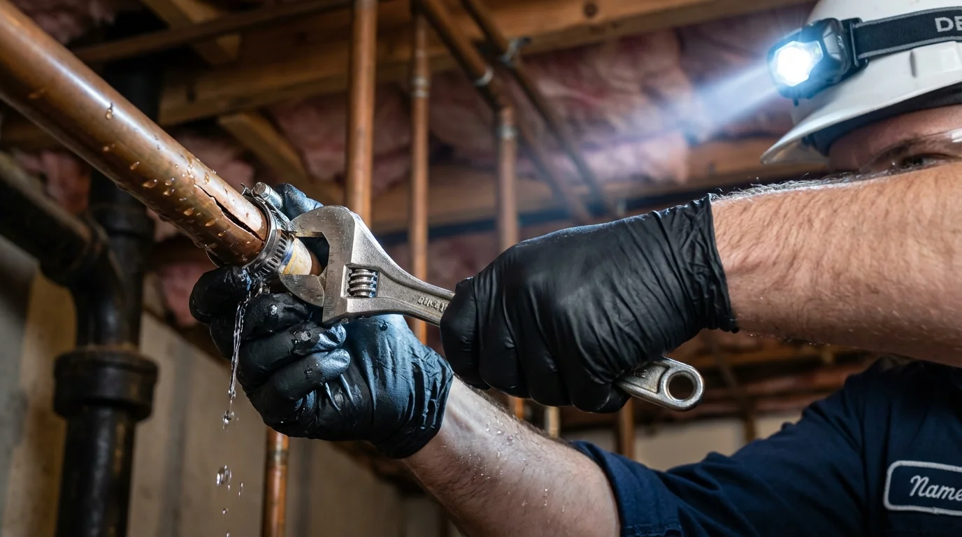 Emergency pipe clamp repair being performed by a Johns Plumbing LLC plumber in Loves Park