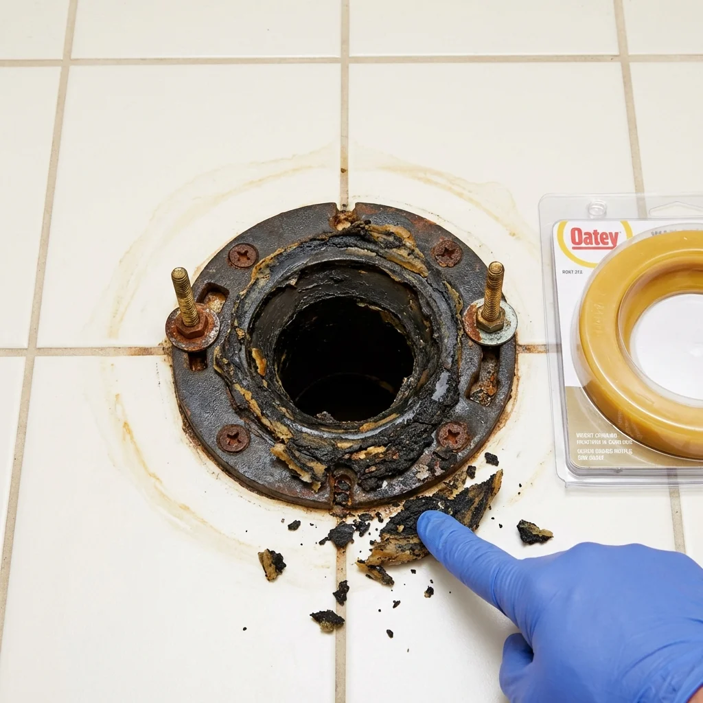 Failed wax ring showing water seepage at the base of a toilet in a Loves Park, IL home