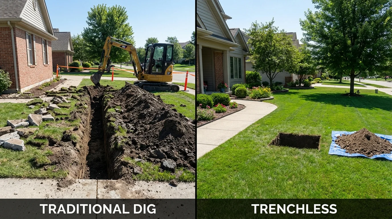 Trenchless sewer repair with minimal yard damage versus traditional excavation in Loves Park, IL