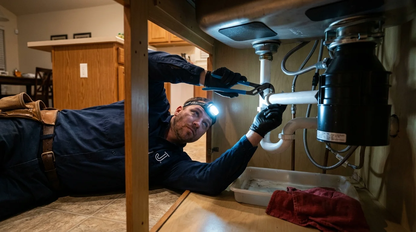 P-trap and supply line connections under a kitchen sink showing a common leak point in Loves Park, IL